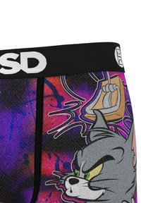 Men's boxer briefs in a black and purple graphic design featuring a cartoon cat, with a smooth fabric and branded waistband.