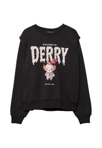 Felpa nera con la scritta "Benvenuti a Derry, Maine, USA" e un clown dei cartoni animati che tiene un palloncino rosso stampato sul davanti.