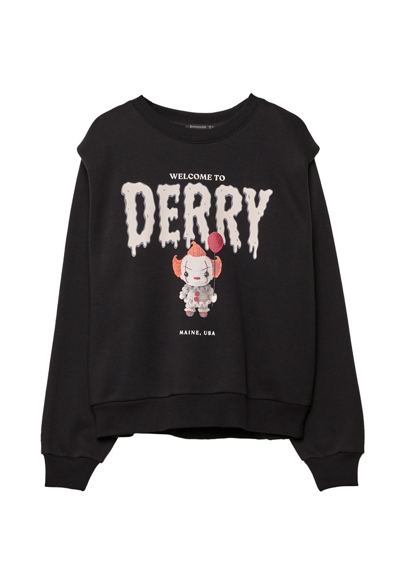 Felpa nera con la scritta "Benvenuti a Derry, Maine, USA" e un clown dei cartoni animati che tiene un palloncino rosso stampato sul davanti.