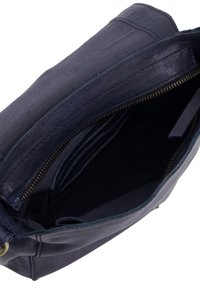 Navy Lederhandtasche mit einem Reißverschluss. Das Innere verfügt über mehrere Kartenfächer und ein glattes Stofffutter. Robuste Verarbeitung und einfaches Design.
