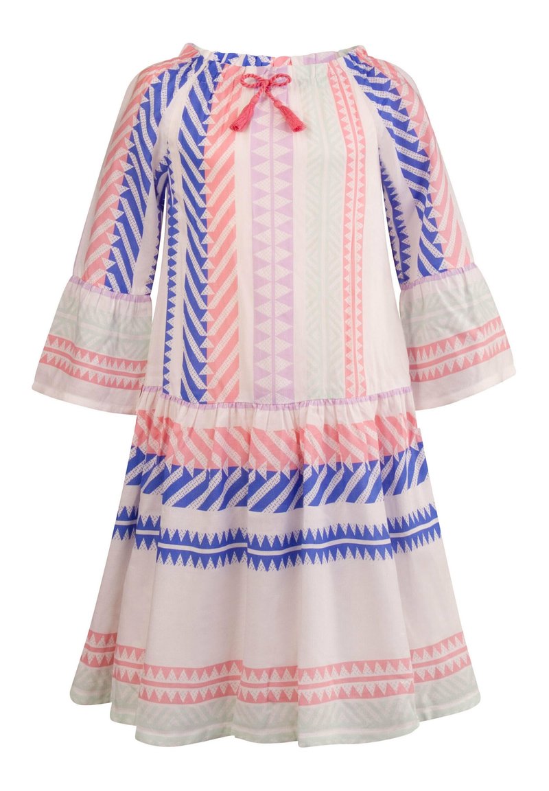 Vestido de manga larga con escote fruncido, que presenta rayas horizontales en rosa, azul y lavanda, con patrones geométricos y mangas acampanadas.