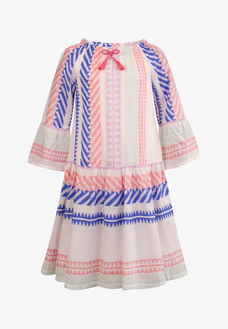 Vestido de manga larga con escote fruncido, que presenta rayas horizontales en rosa, azul y lavanda, con patrones geométricos y mangas acampanadas.