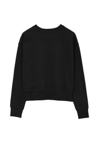 Maglione corto nero con maniche lunghe, scollatura rotonda e polsini a coste. Realizzato in tessuto morbido e testurizzato con una superficie liscia.