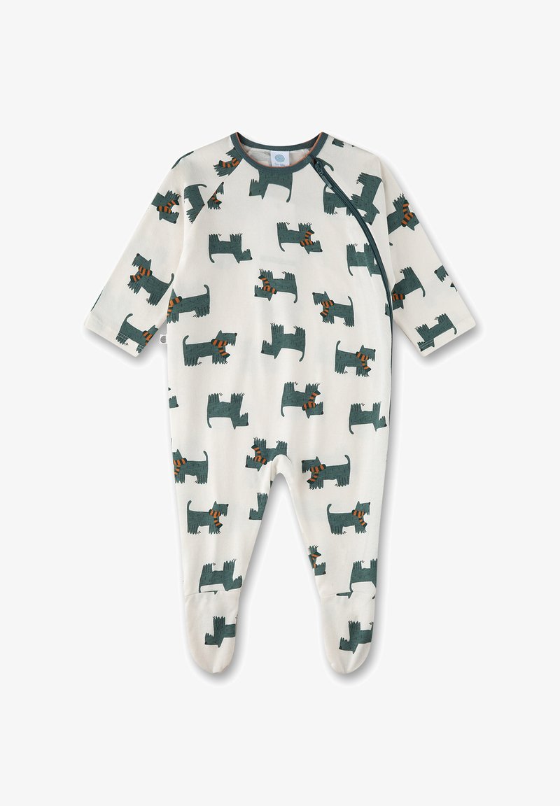 Fußoverall aus cremefarbenem Stoff mit dunkelgrünen Hundemotiven, die orangefarbene Schals tragen. Der Overall hat lange Ärmel und einen Druckknopfverschluss an der Seite.