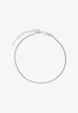 Srebrna bransoletka z elastycznym wzorem łańcuszka, z teksturowaną powierzchnią i zapięciem na klamrę. Zawiera przedłużany łańcuszek do regulacji rozmiaru.