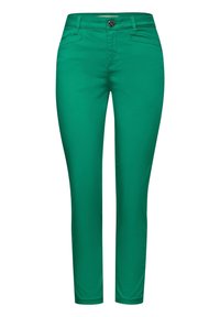 Gröna bomullsbukser med slim fit, med framfickor, dragkedja och knappstängning. Slät textur utan synliga mönster.