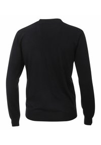 Pull noir à manches longues en tissu tricoté. Doté d'un col rond et de poignets et d'un ourlet côtelés. Texture lisse, détails minimalistes.