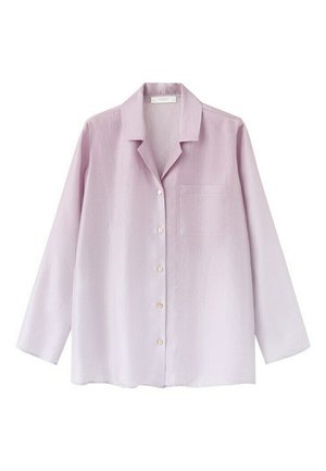 Cămașă cu mâneci lungi, de culoare violet deschis, cu nasturi, guler și buzunar la piept, realizată dintr-un material ușor.