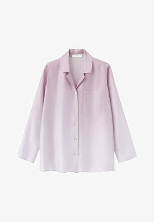 Cămașă cu mâneci lungi, de culoare violet deschis, cu nasturi, guler și buzunar la piept, realizată dintr-un material ușor.