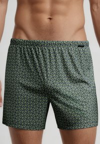 Mannelijke torso die groene en zwarte geblokte boxershorts draagt met een elastische band en een klein zwart merkje aan de rechterzijde.