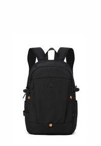 Zaino nero con spallacci imbottiti, tasche con cerniera e dettagli dorati. Realizzato in tessuto resistente con una texture liscia e dettagli del logo.