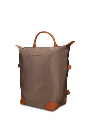 Sac cabas en tissu marron avec poignées en cuir beige, coins renforcés et fermeture éclair sur le dessus.