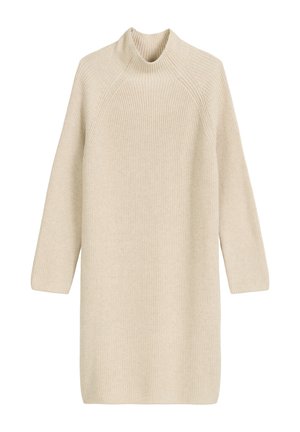 Vestito maglione in morbido colore beige, caratterizzato da un collo alto, maniche lunghe e una vestibilità ampia con texture a coste su tutta la superficie.