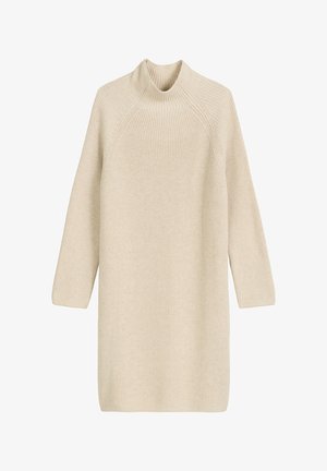 Strickkleid in einem weichen Beigeton, mit hohem Ausschnitt, langen Ärmeln und einer lockeren Passform mit durchgehend gerippter Struktur.