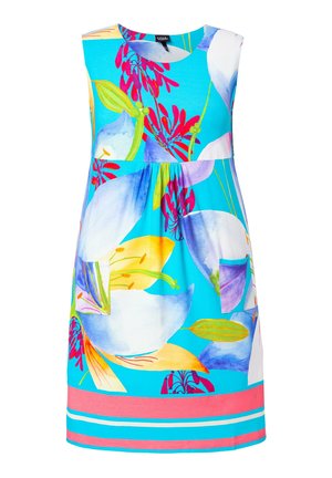 Ärmelloses türkisfarbenes Kleid mit großem weißem und gelbem Blumenmuster, pink-weißen Streifen am Saum und zwei aufgesetzten Taschen vorne.