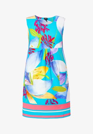 Vestido turquesa sin mangas con estampado floral grande en blanco y amarillo, rayas rosas y blancas en el bajo y dos bolsillos delanteros de parche.