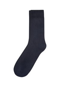 Marineblaue Socken aus glattem Stoff. Mit einem gerippten Bündchen und einem nahtlosen Zehenbereich für zusätzlichen Komfort. Klassische, schlichte Form und Stil.