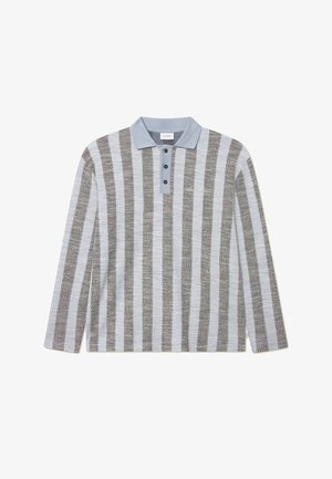 Long-sleeve polo shirt featuring alternating gray and light blue stripes, a light blue collar, and three black buttons at the neckline.