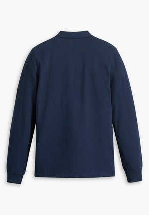 Marineblaues Langarm-Polohemd mit weicher Textur, klassischem Kragen und gerippten Bündchen. Die Rückansicht zeigt eine einfarbige Gestaltung ohne Muster oder Akzente.