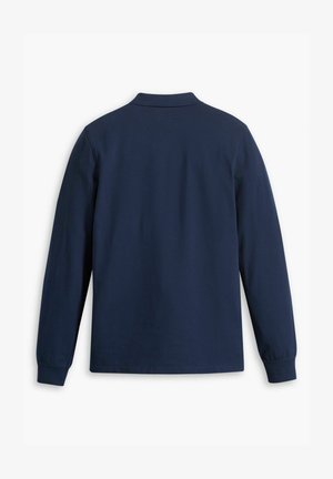 Marineblaues Langarm-Polohemd mit weicher Textur, klassischem Kragen und gerippten Bündchen. Die Rückansicht zeigt eine einfarbige Gestaltung ohne Muster oder Akzente.