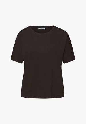 Sort T-shirt med korte ærmer og rund hals, afslappet pasform og Street One-mærke indvendigt i kraven.