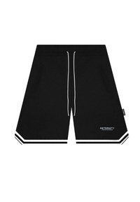 Svart shorts laget av bomull med snøring i livet, sidelommer og hvite striper ved kanten. "RETERNITY" logo på forsiden.