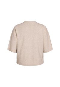 Beige short-sleeve sweater, soft texture, crew neck design, and a straight cut. No visible patterns or hardware details.