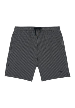 Black and gray vertical striped shorts with elastic waistband and black drawstring, featuring side pockets and a small logo on the left leg.