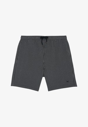Black and gray vertical striped shorts with elastic waistband and black drawstring, featuring side pockets and a small logo on the left leg.