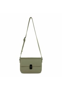 Borsa a tracolla verde in pelle con forma rettangolare, chiusura a pattina e dettagli in metallo nero. Inclusa tracolla regolabile.