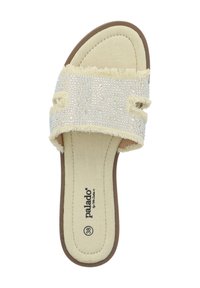 Infradito beige con una fascia in tessuto strutturato decorata con strass trasparenti e bordi frangiati. Suola in gomma marrone. Taglia 38.