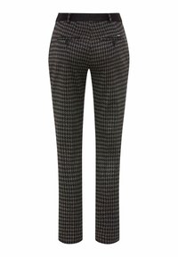 Pantalon sur mesure pour femmes avec motif pied-de-poule noir et gris, jambes droites, ceinture noire et poches passepoilées à l'arrière.