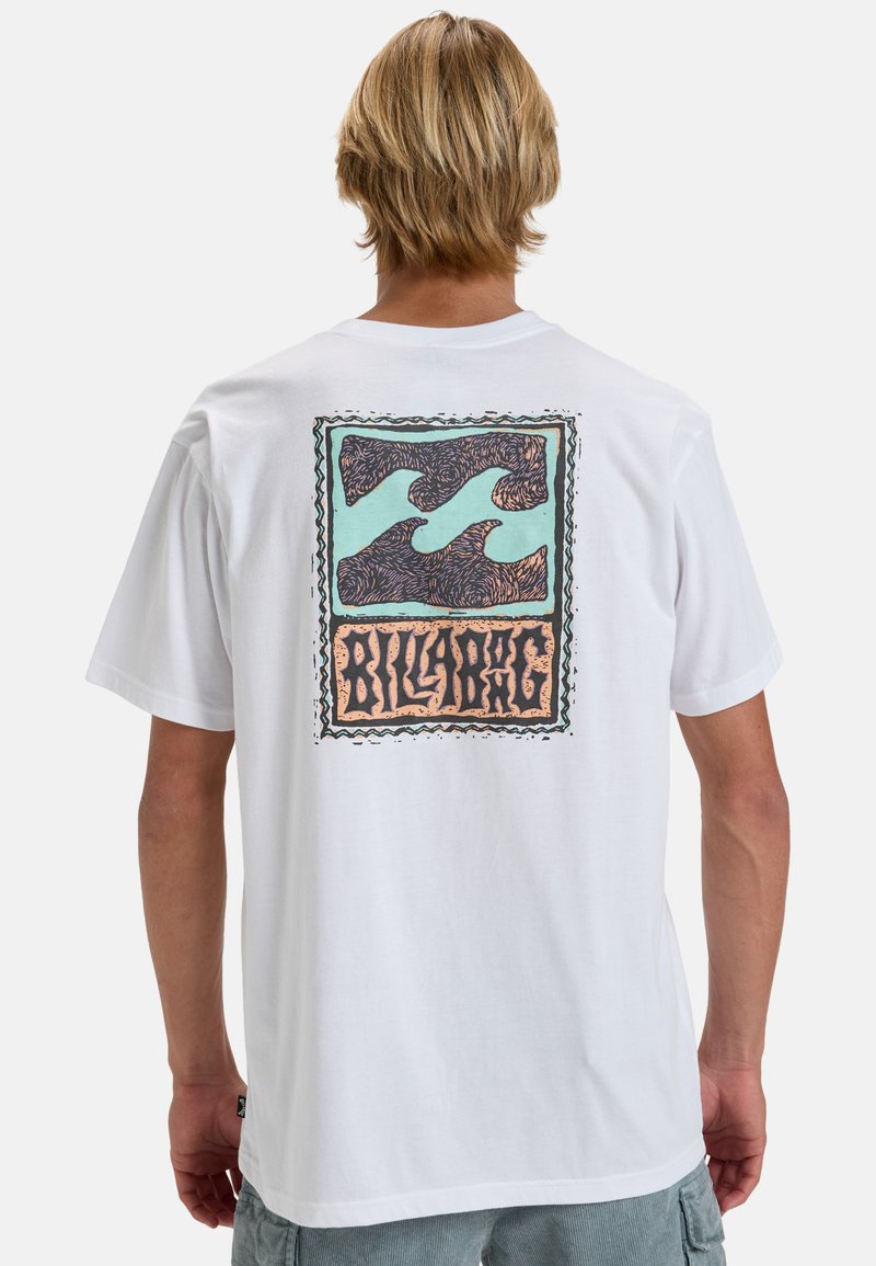 White cotton t-shirt with short sleeves, featuring a multicolor graphic design on the back, including waves and “Billabong” text.