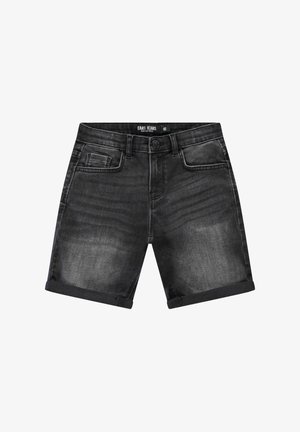Zwarte denimshorts met een verweerde look, opgerolde zoom, vijfzakkenontwerp en een sluiting met knopen aan de voorkant. Gemaakt van stevig katoenmateriaal.