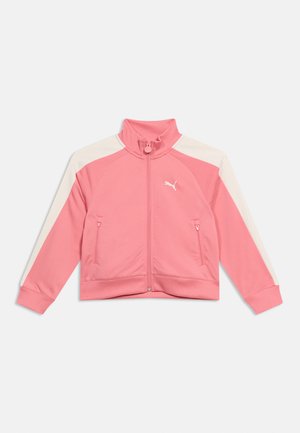 Pink zip-up sports jacket with white shoulder stripes, front zippered pockets, ribbed cuffs, and a white Puma logo on the chest.