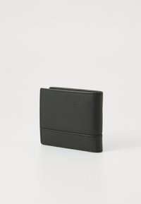 Black leather wallet with a textured upper section and smooth lower band. Compact rectangular shape, minimalistic design, no visible hardware.