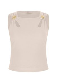 Licht beige mouwloze top met geribbelde textuur, voorzien van gouden decoratieve knopen op de schouders en uitsnijdingen op de banden.