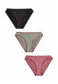 Trei perechi de lenjerie intimă cu fonețe: neagră, verde măslin cu bordură burgundă și burgundă. Fiecare are o croială clasică de slip și un design fără cusături.