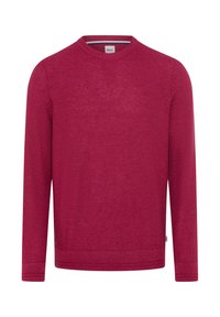 Preiselbeerroter Pullover mit Rundhalsausschnitt, langen Ärmeln, gerippten Bündchen und Saum, strukturiertem Strickmaterial, Etikett unten links.