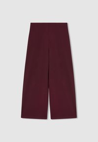 Pantaloni larghi borgogna con una texture liscia, dotati di una vita alta e un design minimalista. Nessun motivo visibile o accessori metallici.