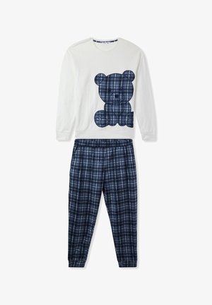 Set di pigiama in cotone composto da una maglietta bianca a maniche lunghe con una grafica di un orsetto in navy e pantaloni a quadri navy con elastico in vita.