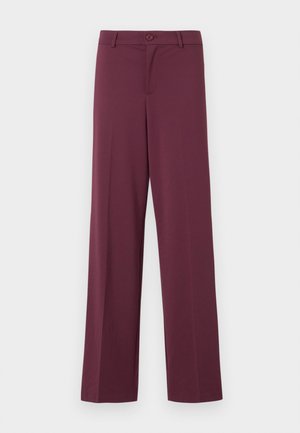 Pantalons larges bordeaux, fabriqués en tissu lisse. Dotés d'une fermeture à bouton et de poches classiques. Design simple sans motifs ni accents.