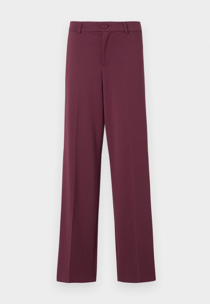 Bordeauxfarbene, weit geschnittene Hosen aus glattem Stoff. Mit einem Knopfverschluss und klassischen Taschen ausgestattet. Schlichtes Design ohne Muster oder Akzente.