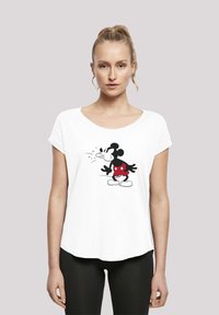 White T-shirt with a round neckline and short sleeves. Features a graphic of a cartoon mouse with black and red accents, set against a plain background.