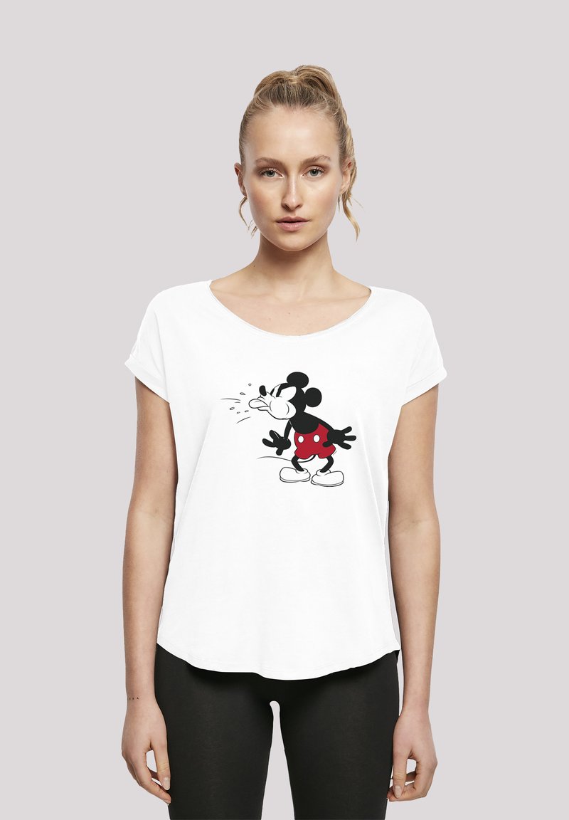 White T-shirt with a round neckline and short sleeves. Features a graphic of a cartoon mouse with black and red accents, set against a plain background.
