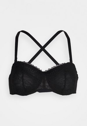 Svart blonder-BH med balconette-kopper og kryssede justerbare skulderstropper på hvit bakgrunn.