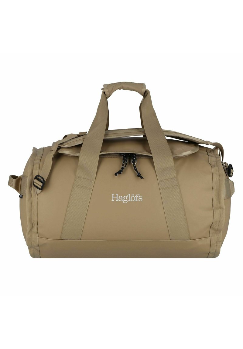 Borsa a ventaglio beige con manici superiori doppi, tracolla regolabile, chiusura con zip e dettaglio del logo. Realizzata in tessuto resistente con una finitura testurizzata.