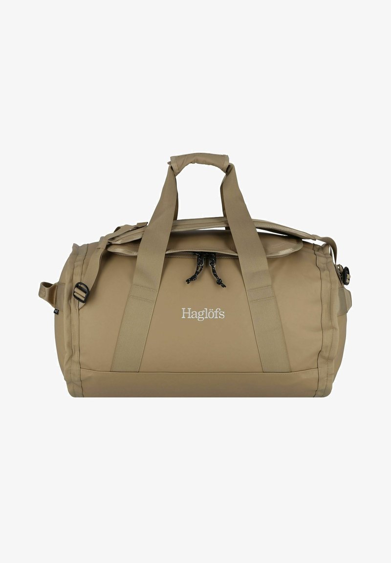 Borsa a ventaglio beige con manici superiori doppi, tracolla regolabile, chiusura con zip e dettaglio del logo. Realizzata in tessuto resistente con una finitura testurizzata.