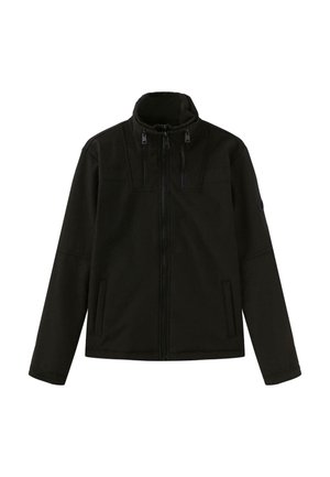 Zwarte zip-up jas met een hoge kraag, twee voorzakken, een gladde textuur en subtiele stiksels op de schouders.