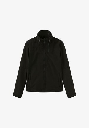 Zwarte zip-up jas met een hoge kraag, twee voorzakken, een gladde textuur en subtiele stiksels op de schouders.